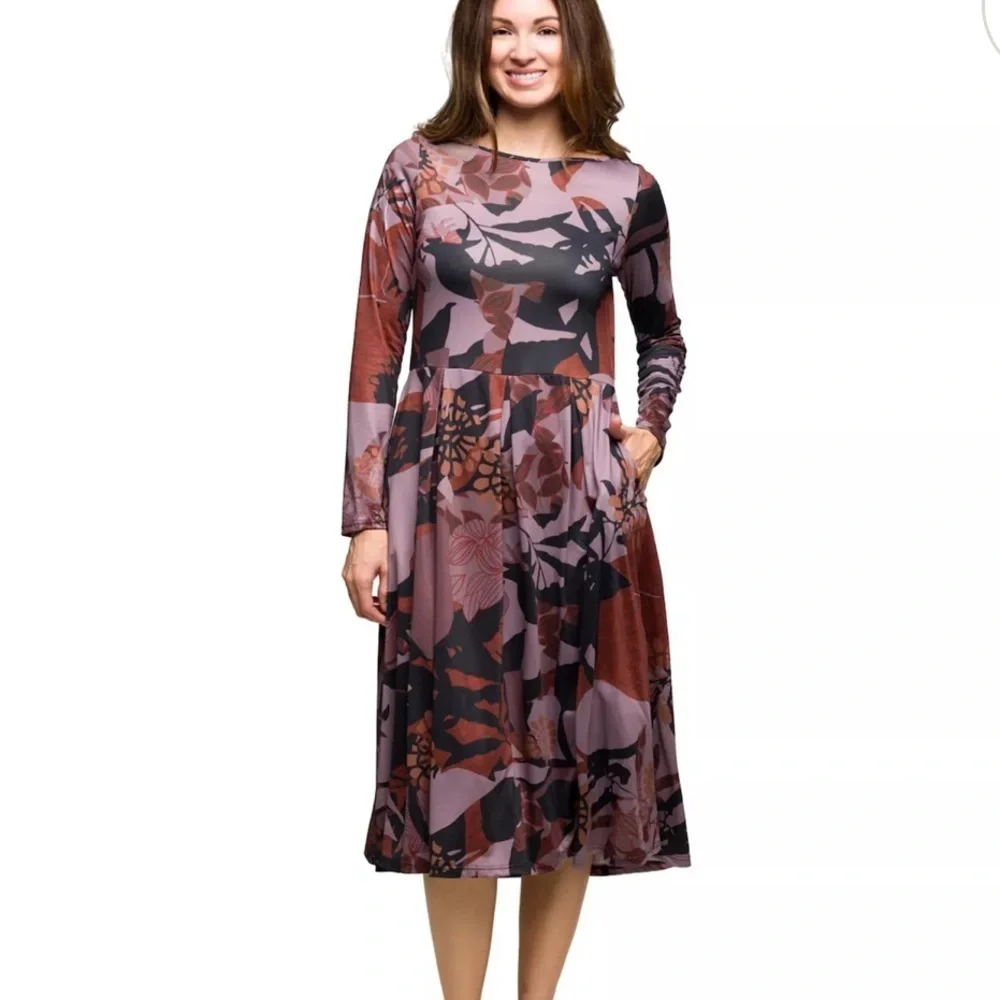 24Seven Comfort Apparel Print Long Sleeve Midi Dress